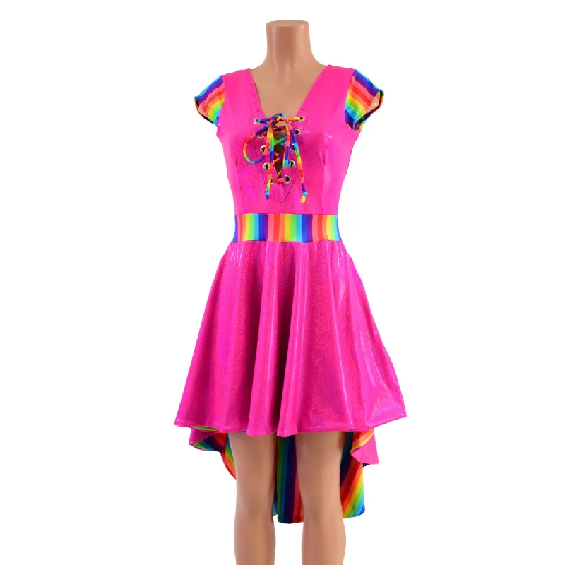 Neon Pink & Rainbow Striped Hi Lo Skater Dress with Flare Lining and Laceup