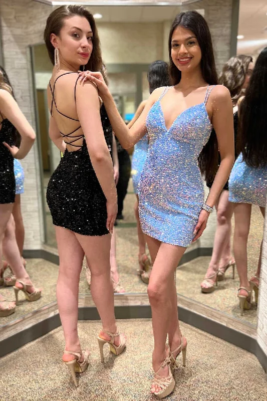 Sequin Spaghetti Straps Lace-Up Bodycon Homecoming Dress